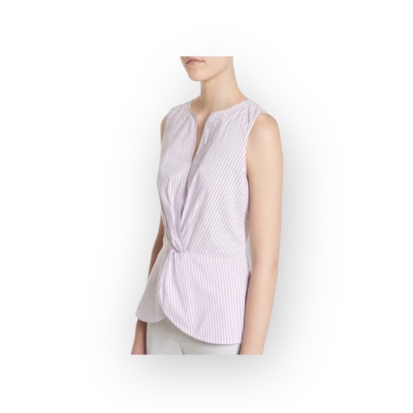 new St John ❉ Pinstripe Twist Front Peplum Top ❉ Orchid Stripe Chain Detail ❉ M - Picture 13 of 16